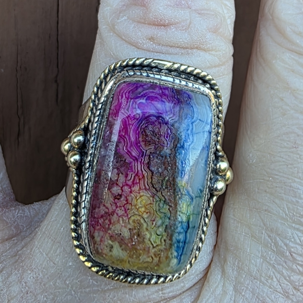 Crazy Lace Gemstone Ring in 925 Sterling Silver w/ Gold Vermeil Accents (7)